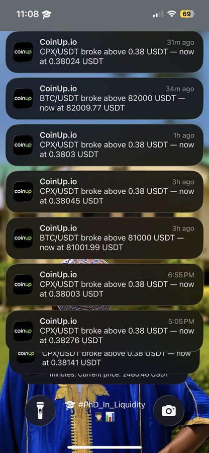 A mobile screenshot showing multiple CoinUp.io notifications about CPX/USDT breaking above 0.38 USDT and BTC/USDT breaking above 81000 and 82000 USDT, with time stamps ranging from 31 minutes to 3 hours ago.