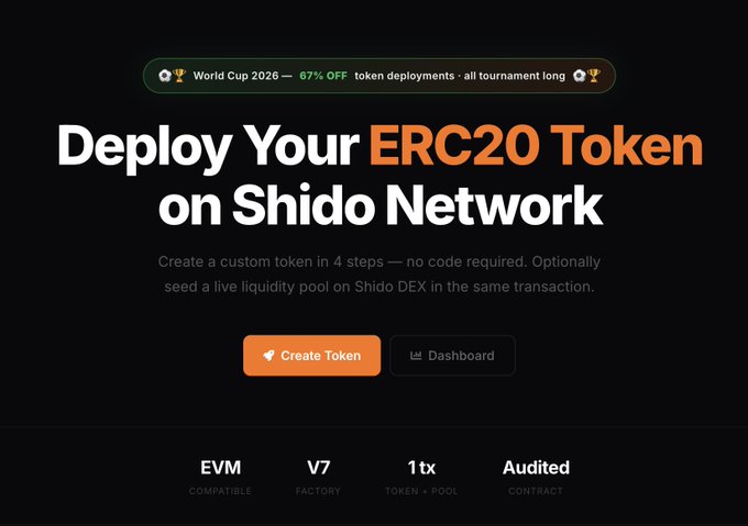 The image shows a website that promotes the idea of creating an ERC20 token for a World Cup event. The text on the website suggests that the user can create their own token within minutes, which they can then sell or use for fundraising purposes. The website also provides information about how to deploy the token on Shido Network and the tools available for managing tokens.