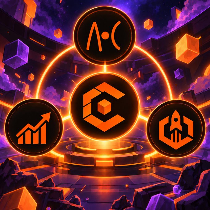 A vibrant orange and purple digital illustration featuring three cryptocurrency-style logos arranged around a central hexagonal emblem, set against a futuristic background with floating cubes.