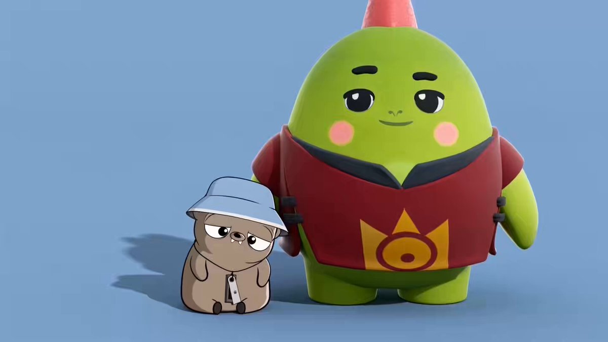 The image features two cartoon characters, one wearing a red shirt and hat standing next to another character wearing a blue hat sitting down. The characters are positioned close together with their backs facing each other.