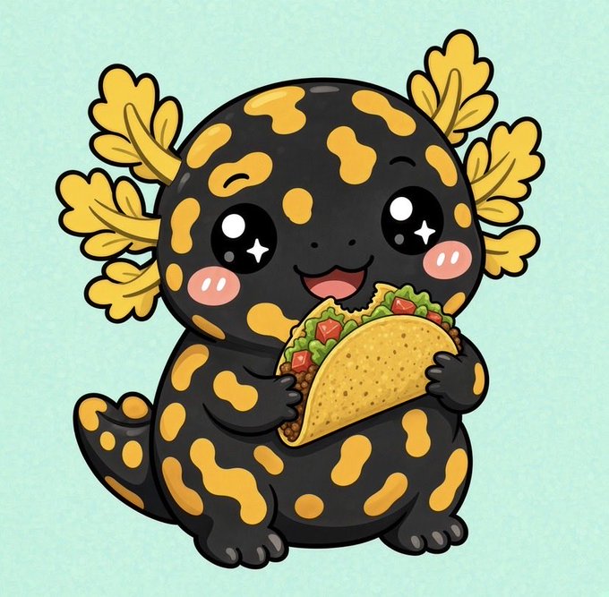 A cute cartoon illustration of a black and orange spotted axolotl holding a large taco on a light green background.