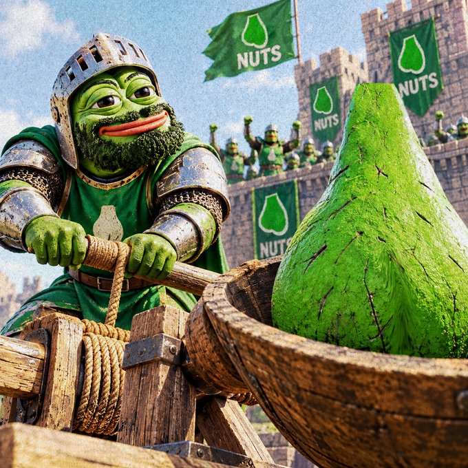 A green-skinned Pepe the Frog character in medieval armor operates a catapult to launch a large green pear-like object, with flags displaying 'NUTS' and an army of similar green figures in the castle background.