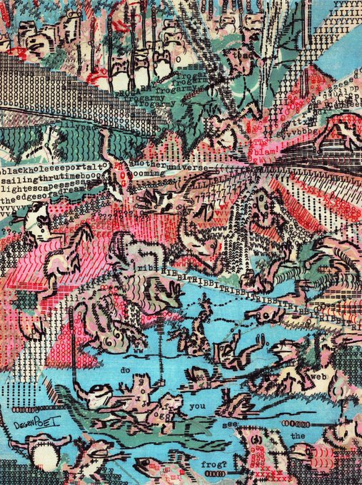 A chaotic, glitchy artwork filled with overlapping sketches, ASCII-style text including fragments like 'blackholeeeportal', 'the universe', and various coded characters in red, teal, and black.