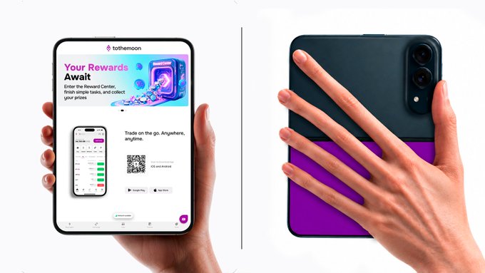 A smartphone displays the 'tothemoon' app showing a 'Your Rewards Await' rewards center with a QR code, alongside a separate phone with a purple and black case.
