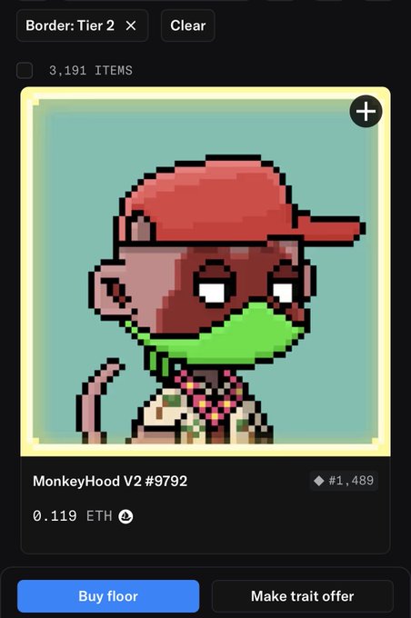 An NFT marketplace listing shows a Tier 2-bordered MonkeyHood V2 #9792 pixel art character with a red cap and green bandana, priced at 0.119 ETH, directly illustrating the post's claim about a free-mint MonkeyHood NFT appreciating to that value.
