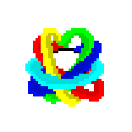 A pixel art image displays a tangled, chaotic knot of multicolored rings or loops—including red, yellow, green, blue, and cyan—intertwined in a 3D-style swirl against a white background, visually echoing the "cycle transformed" and fractured, knotted chaos described in the convergence update.