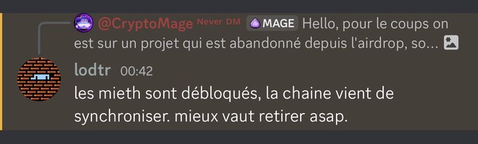 A Discord screenshot shows a conversation about Mitosis (MAGE), where CryptoMage announces they're working on a project abandoned since the airdrop, and user "lodtr" warns that mETH are now unblocked but recommends withdrawing immediately as the chain just synchronized. This supports the post's theory that the project is reopening, likely after gambling users' funds successfully.