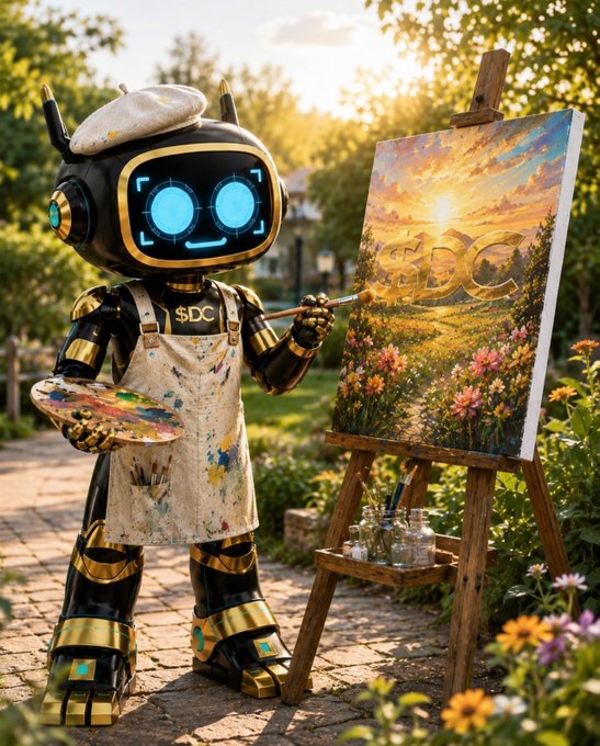 An AI-generated image of a robot wearing a beret and a paint-splattered apron, painting a landscape scene on a canvas outdoors in a garden.