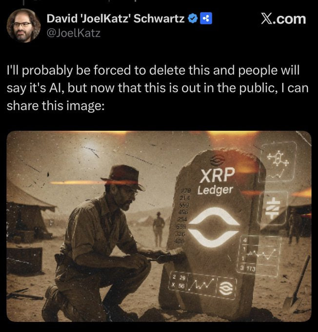 A tweet by David 'JoelKatz' Schwartz showing an AI-generated image of an Indiana Jones-style figure kneeling before a tombstone labeled 'XRP Ledger' with the XRP logo, captioned about people claiming it is AI.