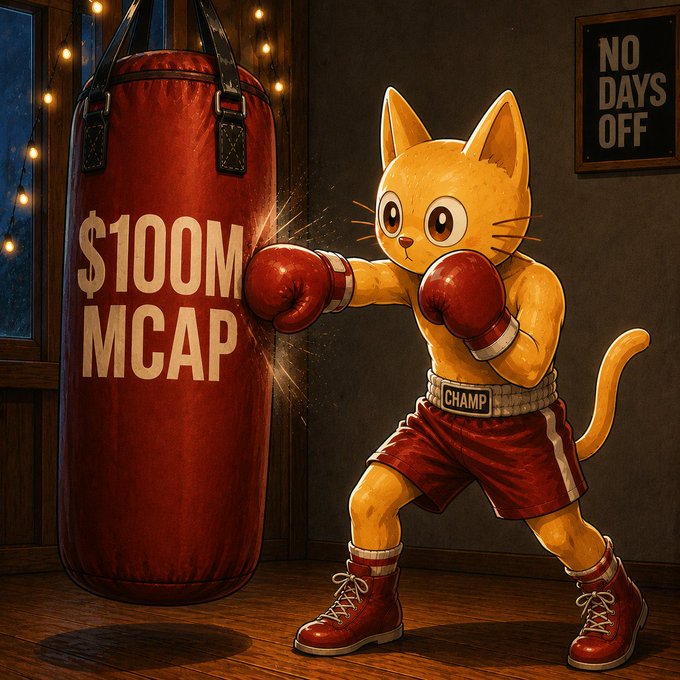 An animated “champ” cat is boxing a heavy bag labeled “$100M MCAP,” with a “NO DAYS OFF” sign reinforcing the grind—symbolizing $CETS holders working toward a $100 million market cap and preparing for the “next leg.”