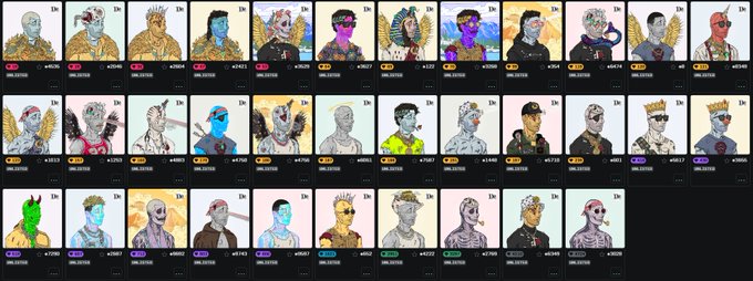 A grid gallery showing a collection of CryptoPunks NFTs with various traits like crowns, wings, and hats, each listed with their token IDs.