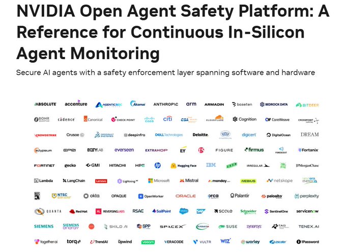 A promotional graphic for 'NVIDIA Open Agent Safety Platform: A Reference for Continuous In-Silicon Agent Monitoring', featuring a large grid of partner company logos including Absolut, Accenture, Anthropic, and Microsoft.