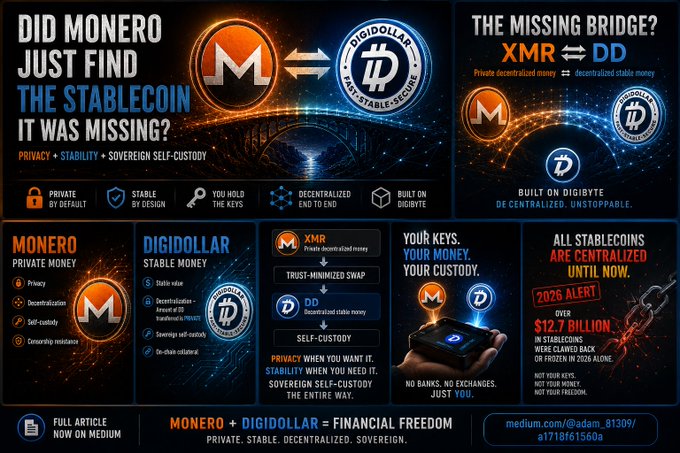 An infographic comparing Monero (XMR) and DiGiDollar (DD), highlighting features like privacy, stability, decentralization, and a 2026 alert about over $12.7 billion in stablecoins being clawed back.