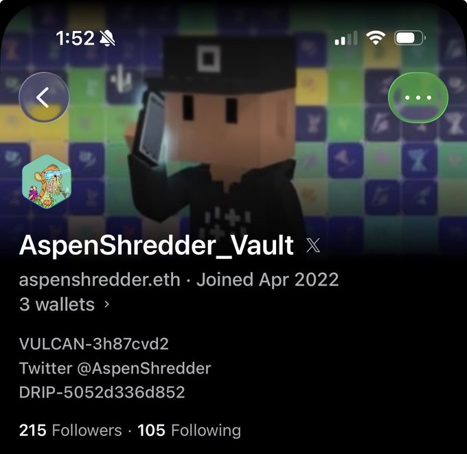 A profile screenshot for 'AspenShredder_Vault' (aspenshredder.eth), joined April 2022, showing 215 followers and 105 following, with a blocky pixel avatar.