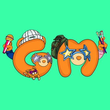 A cartoon illustration showing stylized letters forming a word, decorated with various objects like a white hat, backpack, stars, and candy on a bright green background.
