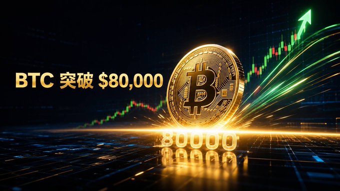 A digital graphic shows a gold Bitcoin coin with the text "BTC 突破 $80,000" (BTC breaks through $80,000) and "80000" displayed against a dark background with a rising green price chart.