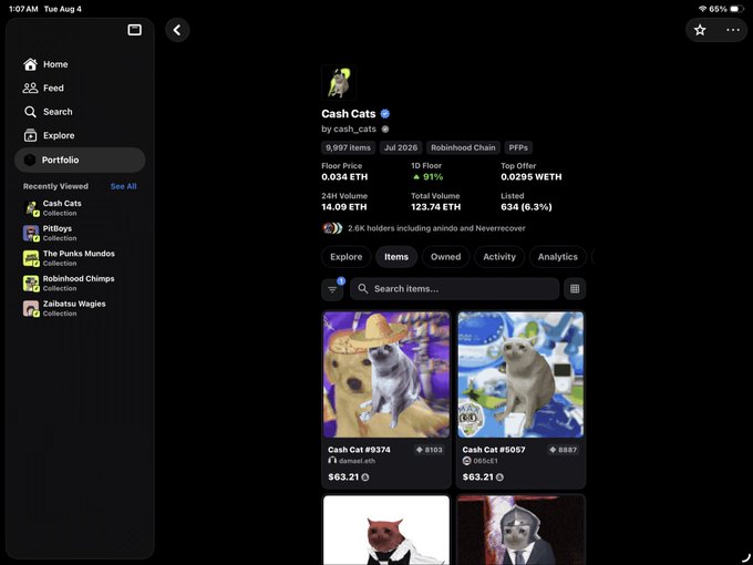 The image shows the "Cash Cats" NFT collection page on a platform, indicating "Cashcat up" with a floor price of 0.034 ETH and a 91% increase.