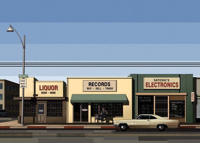 A pixel art scene of a quiet street showing storefronts labeled 'LIQUOR BEER • WINE', 'RECORDS BUY • SELL • TRADE', and 'SATOSHI'S ELECTRONICS', with a person sitting outside and a vintage car parked nearby.