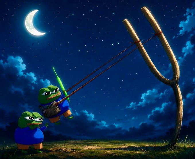 An artistic image shows two cartoon frogs in blue shirts at night, one using a slingshot to launch a green light beam toward a large wooden slingshot structure under a starry crescent moon sky.