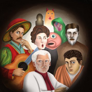 A digital illustration featuring a group of characters including a man with a guitar and sombrero, a woman, and a pink creature against a dark background.