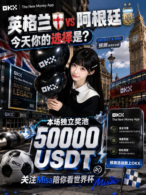 A promotional advertisement for OKX (The New Money App) featuring a young woman holding black balloons, advertising an England vs Argentina match prediction contest with a prize pool of 50,000 USDT.