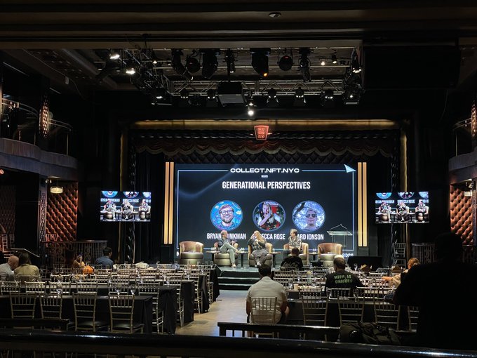 A conference stage setup for 'COLLECTIVE.NYC' featuring a panel discussion titled 'GENERATIONAL PERSPECTIVES' with speakers Bryan Brinkman, Ezra Rose, and Brad Ronson.
