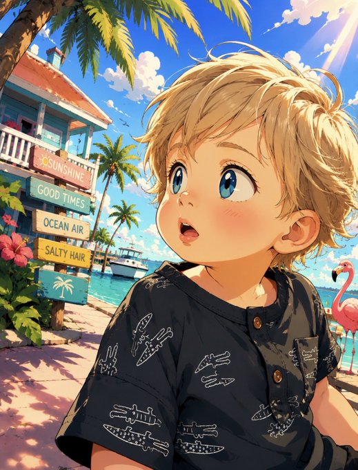 An anime-style illustration of a blonde boy with blue eyes wearing a dark shirt with white designs, standing on a tropical beach with palm trees, a flamingo, and directional signs reading 'SUNSHINE', 'GOOD TIMES', 'OCEAN AIR', and 'SALTY HAIR'.