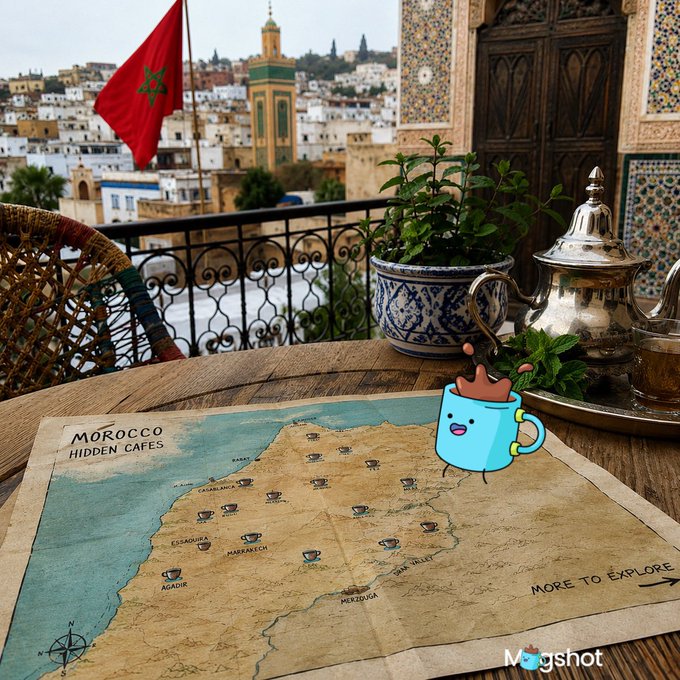 MochaShot promotional image featuring a Morocco Hidden Cafes map on a wooden table with a Moroccan flag, tea set, and plant in the background overlooking a city.