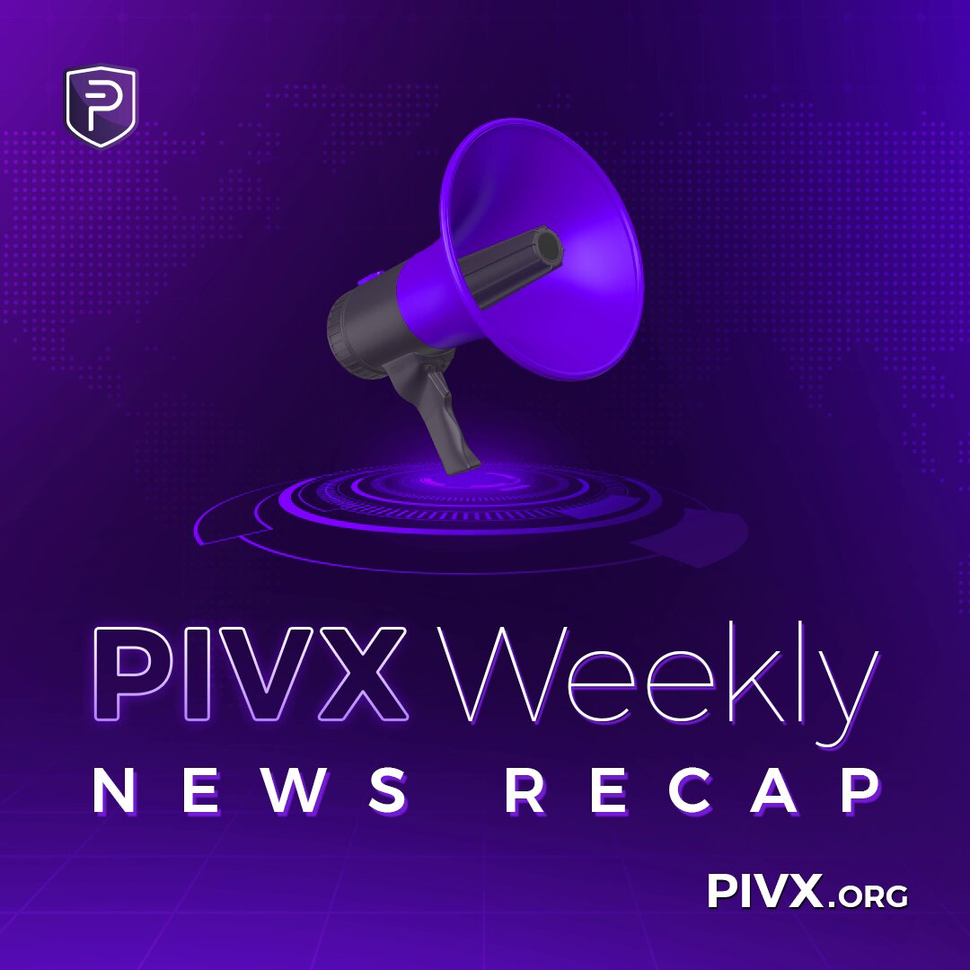 The image features a purple megaphone with the text "PIVX Weekly News Recap" written below it, which suggests that this is an advertisement for PIVX news. The background of the image is purple, and there are dots scattered throughout the scene, giving it a futuristic or digital feel.