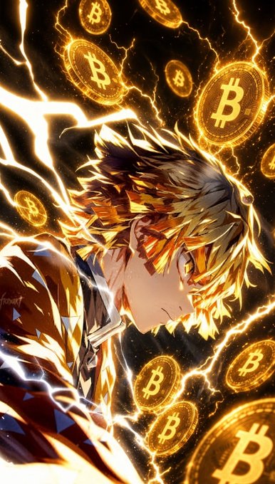 Anime-style artwork depicting a character with yellow and orange hair surrounded by glowing golden Bitcoin logos and electric energy effects.