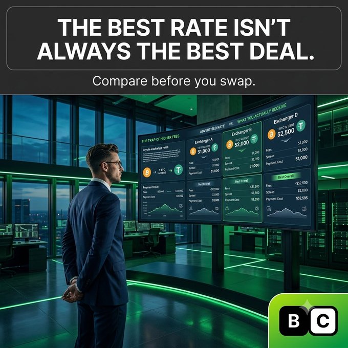 Advertisement with text 'THE BEST RATE ISN'T ALWAYS THE BEST DEAL. Compare before you swap,' showing a man in a suit viewing cryptocurrency exchange comparison charts (Exchangers A, B, D), branded with 'BG' logo.