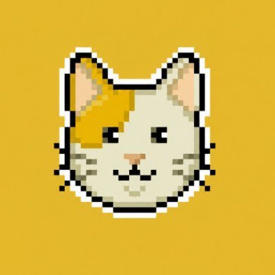 A pixel-art illustration of a smiling cat's face with white and orange fur against a solid yellow background.