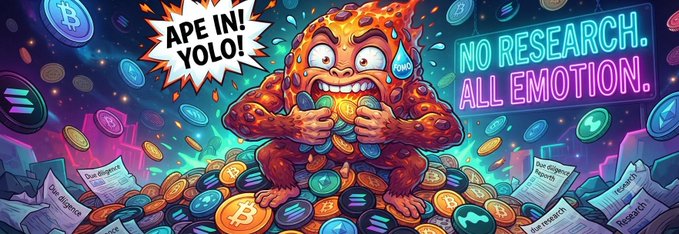 A cartoonish lava-like creature biting a Bitcoin coin with a speech bubble saying "APE IN! YOLO!" and neon text reading "NO RESEARCH. ALL EMOTION."