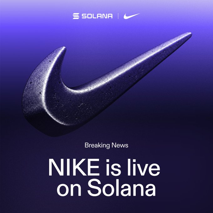 The image shows a large 3D metallic Nike Swoosh logo against a purple gradient background, with "SOLANA" and the Nike logos at the top and the text "Breaking News: NIKE is live on Solana" displayed below, announcing Nike's integration onto the Solana blockchain via Sunrise and Backpack.