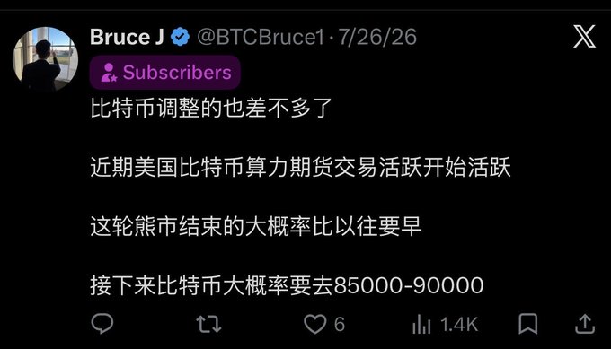 A X (Twitter) post by Bruce J (@BTCBruce1) dated 7/26/26 stating in Chinese that Bitcoin's adjustment is nearly done, US Bitcoin computing power futures trading is becoming active, the bear market will end earlier than usual, and Bitcoin will likely reach 85,000-90,000.