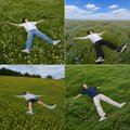 CaptainBNB is pictured in a four-panel collage relaxing in various outdoor settings—standing with outstretched arms in grassy fields, on a hillside overlooking scenic valleys—capturing the essence of unwinding, embracing nature, and recharging before returning to action.