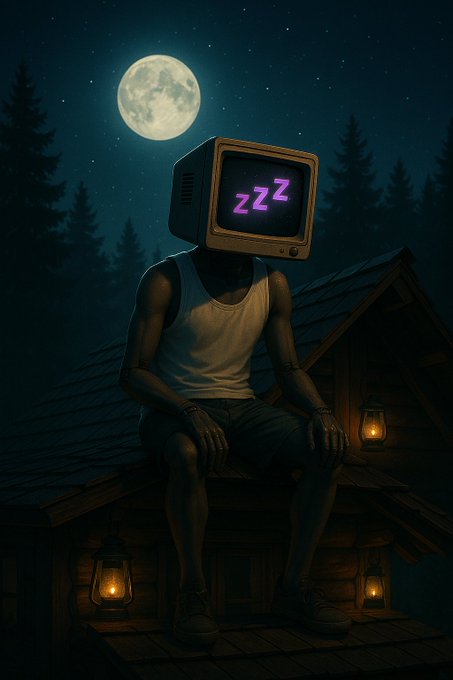 The image features a man sitting on top of a wooden structure, wearing a head covering that resembles a television screen or a robot head. The man appears to be resting with his eyes closed, as if he's taking a nap. There are also two lanterns in the scene, one located near the center and another towards the right side. The background consists of trees and a full moon, creating an atmosphere of tranquility and relaxation.