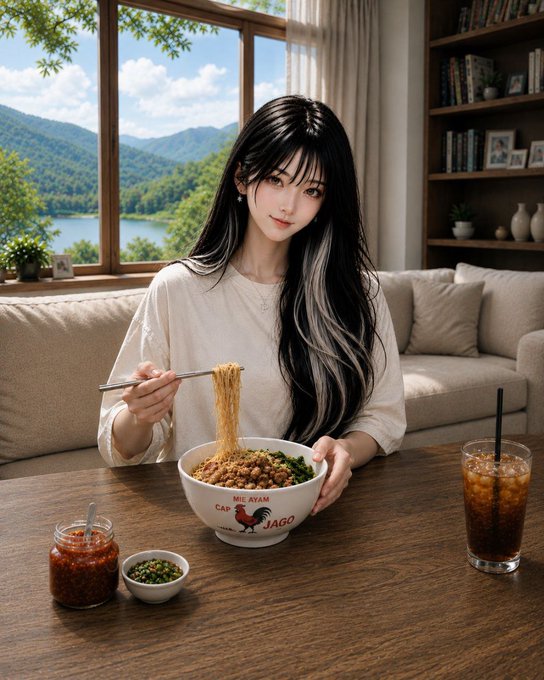 An AI-generated image of a young woman with long black hair eating noodles from a bowl with chopsticks at a wooden table, with a window view of mountains and a lake in the background.