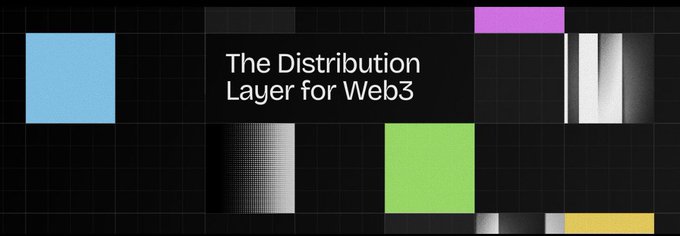 A promotional graphic with the text "The Distribution Layer for Web3" displayed in a black box, surrounded by a geometric design with blue, green, magenta, white, and yellow squares.