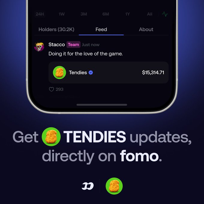 A mobile app advertisement for 'fomo' showing crypto/stock updates, featuring a 'Tendies' token with a price of $15,314.71.