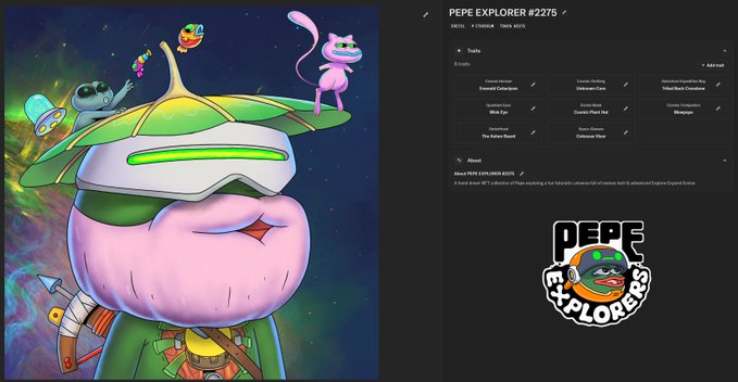 The image features a cartoon character with a green hat, wearing sunglasses and holding an umbrella. The character appears to be a robot or a person from another planet. The background of the image shows a space scene with planets and stars. There are also some text elements in the image that read "Pepe Explorers" and "Pepe Explorers Red".