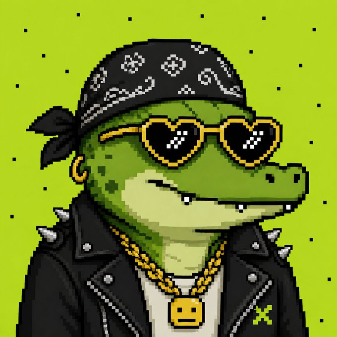 A pixel art illustration of an anthropomorphic crocodile character wearing heart-shaped sunglasses, a black bandana, gold chain with a pendant, and a spiked leather jacket against a green background, representing the FLOKI meme coin mascot.