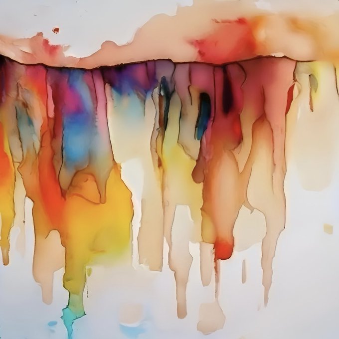 An abstract image shows colorful ink or paint bleeding downwards in streaks of red, yellow, blue, and orange.