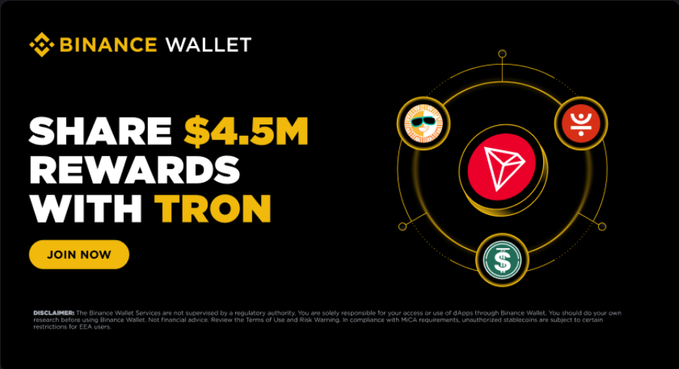 A Binance Wallet promotional banner announcing a "$4.5M REWARDS" campaign with TRON, featuring the TRON logo alongside other cryptocurrency icons and a "JOIN NOW" button. The image ties directly to the post's discussion of TRON DeFi opportunities, including USDD's 10% APY and looping loan strategies for the prize pool.