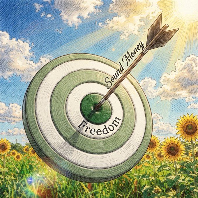 The image features a target with an arrow pointing at it, set against a backdrop of a field filled with sunflowers. The text "Nothing'S changed. The goal remains the same. Freedom delivered by permissionless sound money." emphasizes that the concept of freedom is constant and can be achieved through various means without any change in the original idea.