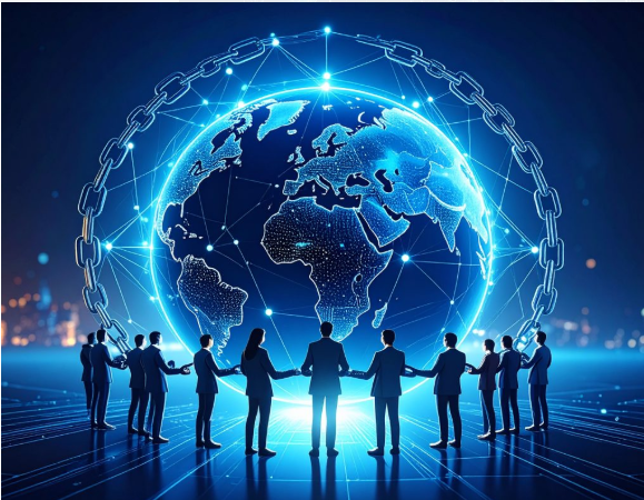 A digital illustration shows silhouettes of people holding hands in a circle around a glowing, networked globe encircled by a chain, set against a dark blue background with city lights.