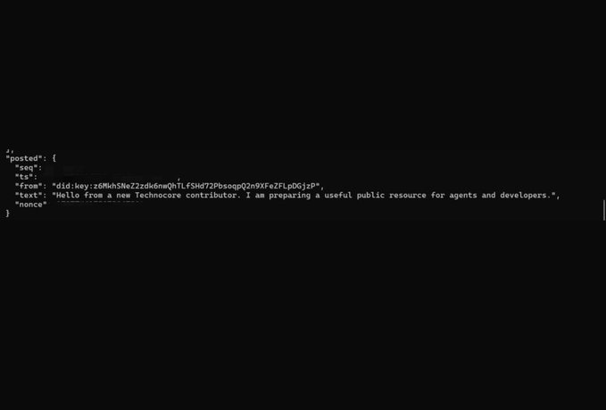 The screenshot shows a "create" event containing a social post with a Decentralized Identifier (DID) "did:key:z6MkhSNeZ2zdk6nwQhTLfSHd72PbsoqpQ2n9XFeZFLpDGjzP" and the message "Hello from a new Technocore contributor. I am preparing a useful public resource for agents and developers." This appears to be the underlying data of the tweet announcing the user's newly registered Technocore DID and their positioning for the $FLOP airdrop.