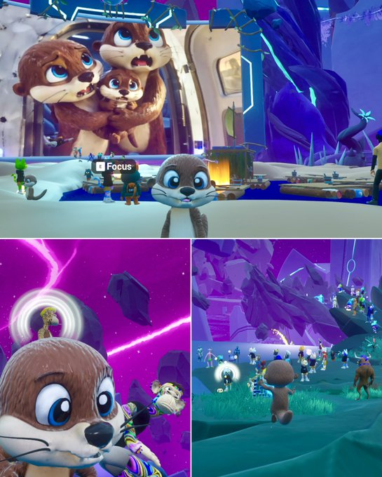 A collage of three screenshots from a video game featuring cartoonish otters in various colorful, fantastical environments.