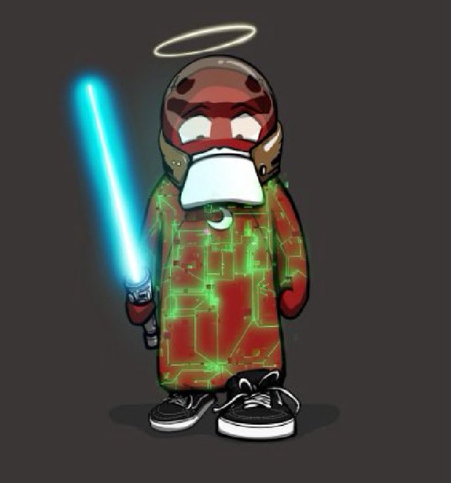 A cartoon character with a halo, glowing blue lightsaber, and white beard wears a red robe patterned with green circuit board lines.