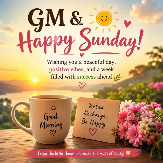 A 'Good Morning & Happy Sunday!' graphic featuring a coffee mug, flowers, and inspirational text wishing a peaceful day with positive vibes and success.